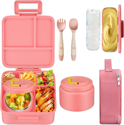 MAISON HUIS Bento Lunch Box with 8oz Soup Thermo and Insulated Lunch Bag, Kids Leakproof Lunch Food Containers with 5 Compartment, Boys Girls Thermo Hot Food Jar for Travel, School, BPA Free (Black)