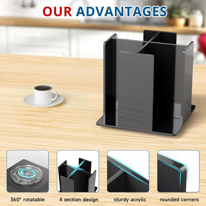 KOTEMON Cup and Lid Holder, 4 Compartment, Square | Rotating Coffee Cup Dispenser Lid Carousel for Restaurant, Buffet, Coffee Station, Bar, Countertop, Clear Acrylic