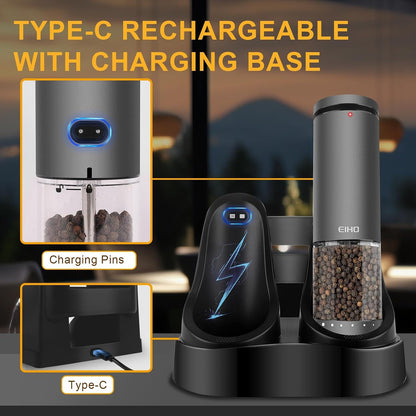 EIHO Electric Salt and Pepper Grinder Set USB Rechargeable, Upgraded External Adjustable Coarseness, Stainless Steel Automatic Salt and Pepper Shakers Mills with LED Light, House Warming Cooking Gifts