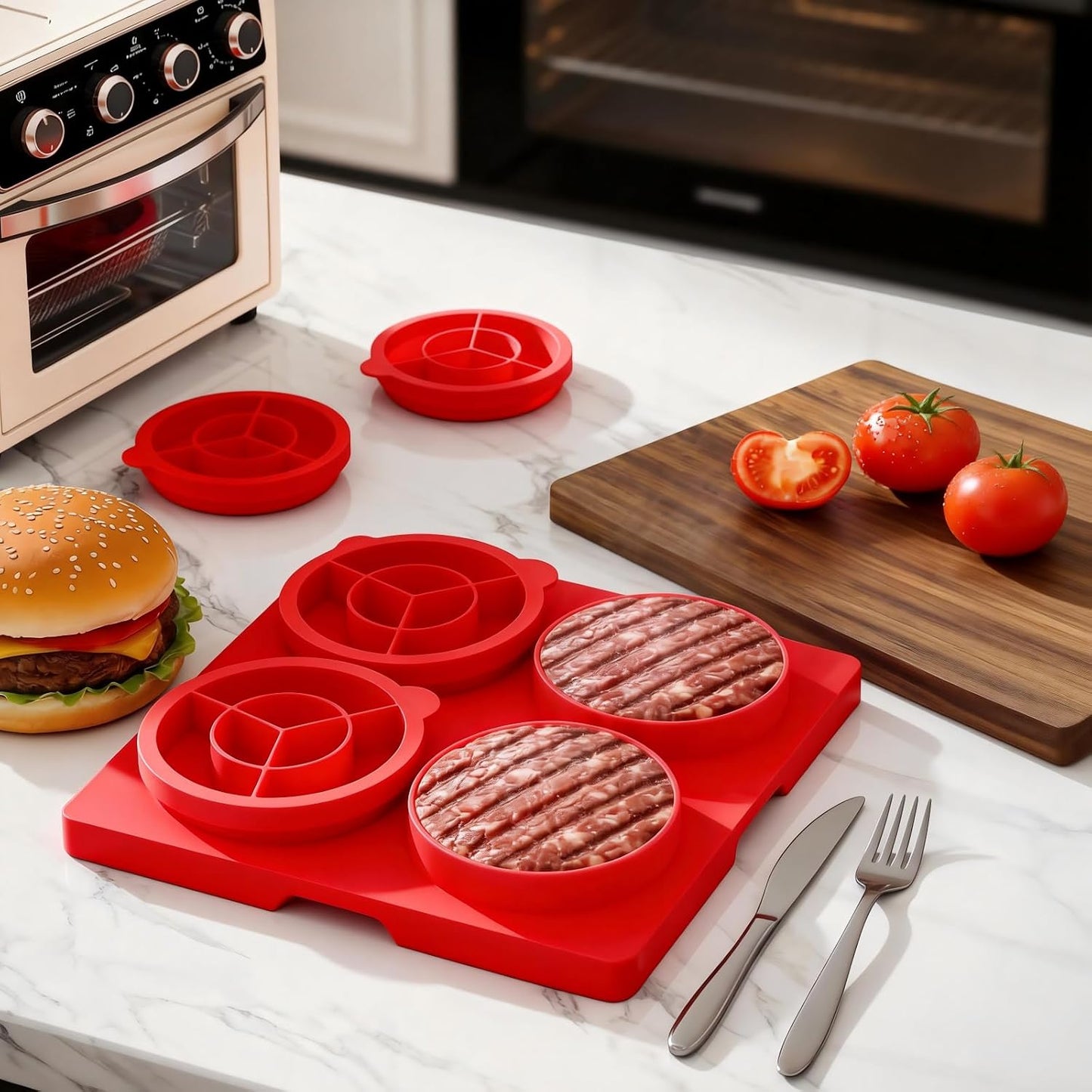 Silicone Burger Press for 4.5" 1/4 LB Patties,4-in-1 Hamburger Patty Maker for Kitchen & BBQ, Non-Stick Mold for Beef,Turkey,Chicken,Pork & Vegetable Blends,Dishwasher & Freezer Safe