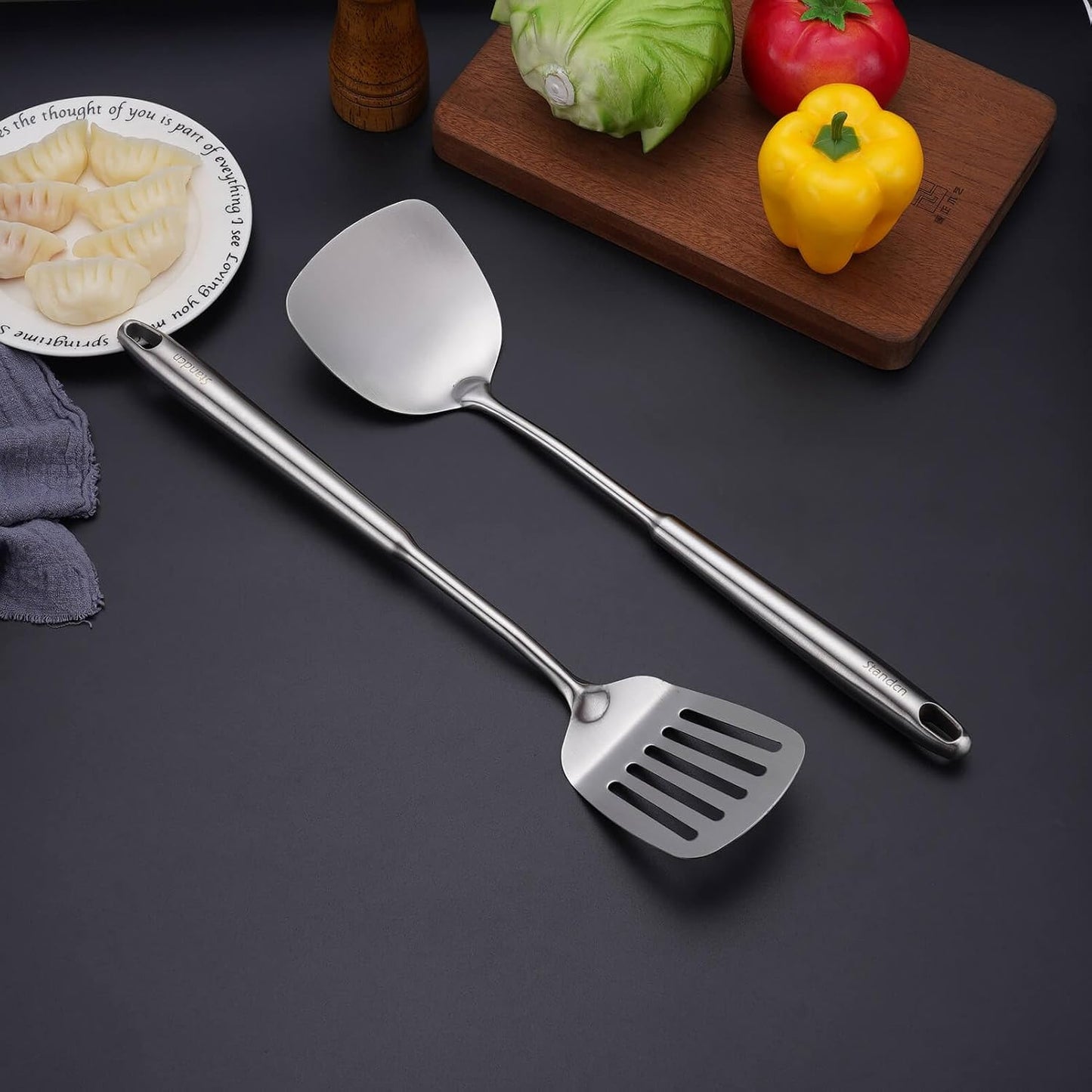 18/10 Stainless Steel Kitchen Utensils Set - 12 PCS All Metal Cooking Tools & 15″ Serving Utensils - Potato Masher, Meat Fork, Tongs, Turner, Pasta, Serving Spoon, Skimmer, Ladle, Spatula Spoon Set