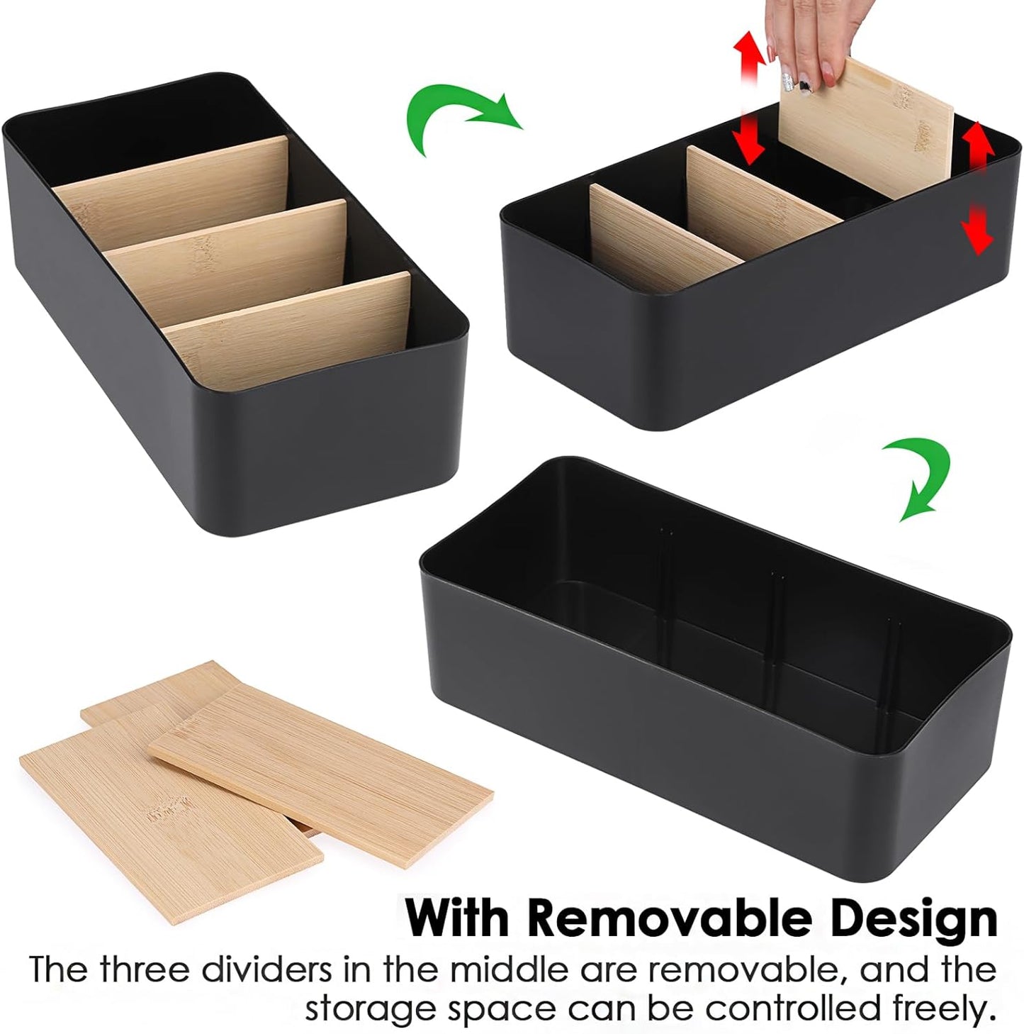 BSTKEY Seasoning Packet Organizer, Food Storage Organizer with Divided 4 Bamboo Wood Compartments, White Plastic Storage Caddy for Pantry Cabinet, Kitchen Organization Bin for Snacks Spice Packets