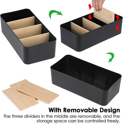 BSTKEY Seasoning Packet Organizer, Food Storage Organizer with Divided 4 Bamboo Wood Compartments, Black Plastic Storage Caddy for Pantry Cabinet, Kitchen Organization Bin for Snacks Spice Packets