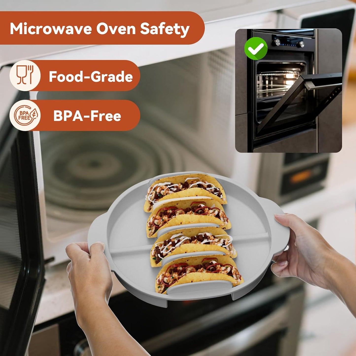 Silicone Taco Holders Set of 2: 4-Slot Reusable Taco Plates with 4 Dividers for Party Birthday Fiesta Hard Soft Shell Stand Upright Serving Tray Round with Handle for Kitchen Microwave Oven Air Fryer