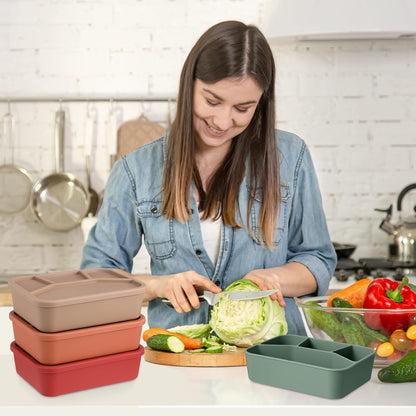 Honeydak 6 Pcs Silicone Bento Box Reusable Lunch Container 4 Compartment Snack Boxes with Lid Smooth LeakProof Rectangle Food Boxes for Adult Work Travel Food Storage (Cute Color)