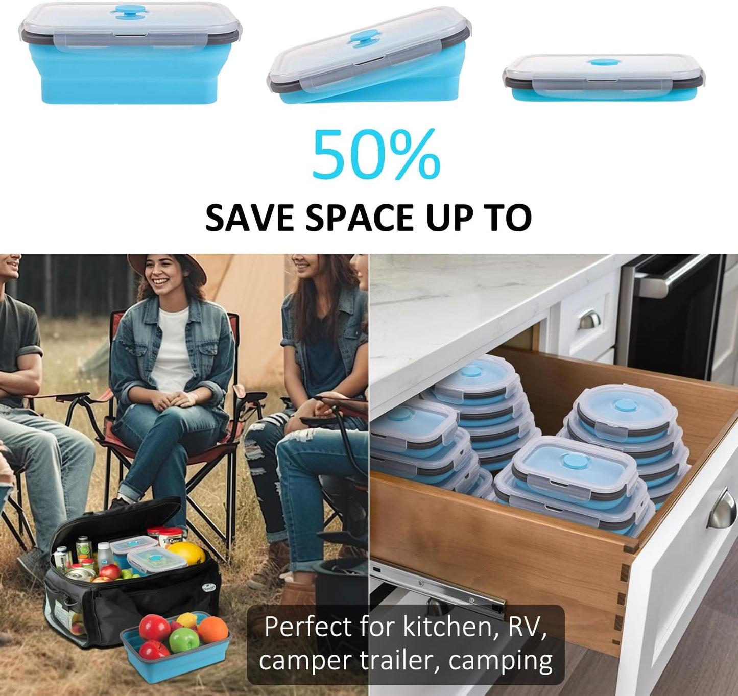 Collapsible Food Storage Containers with Lids, 4 Pack, 40 oz Silicone 1-Compartment Meal Prep Containers Reusable, Lunch Bento Boxes for Adults, Microwave Freezer Dishwasher Safe, BPA-Free, Black