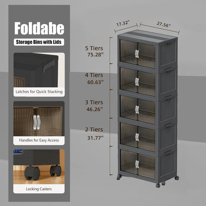51QT Stackable Storage Bins with Lids & Wheels - Foldable Cabinet Clear Door Plastic Organizer Containers for Home, Garage, Pantry Organization - Collapsible Design Gray 5T