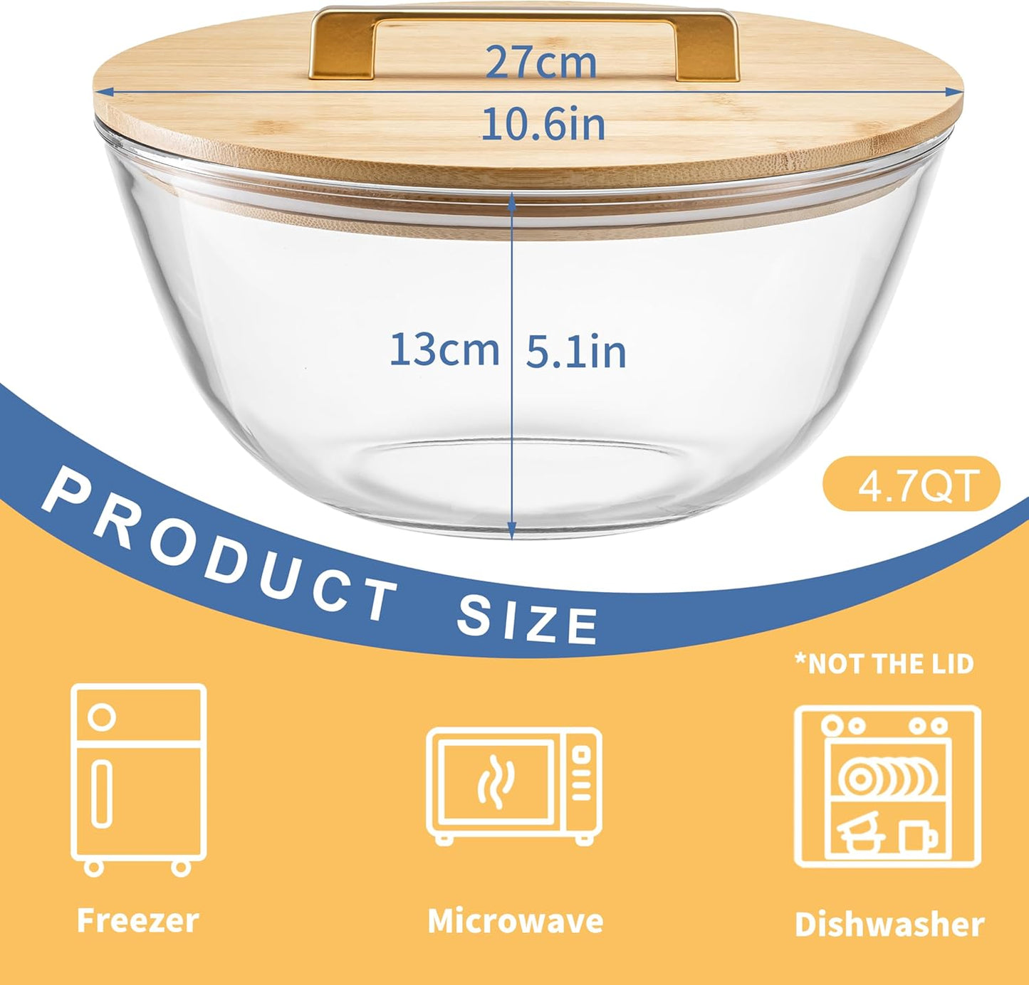 4.7Qt Large Glass Mixing Bowl with Lid, Clear Large Salad Bowls with Airtight Bamboo Lid & Handle,Thickened Glass Big Mixing Bowls Cooking Bowl for Serving, Food Prep, Kitchen,Borosilicate Glass