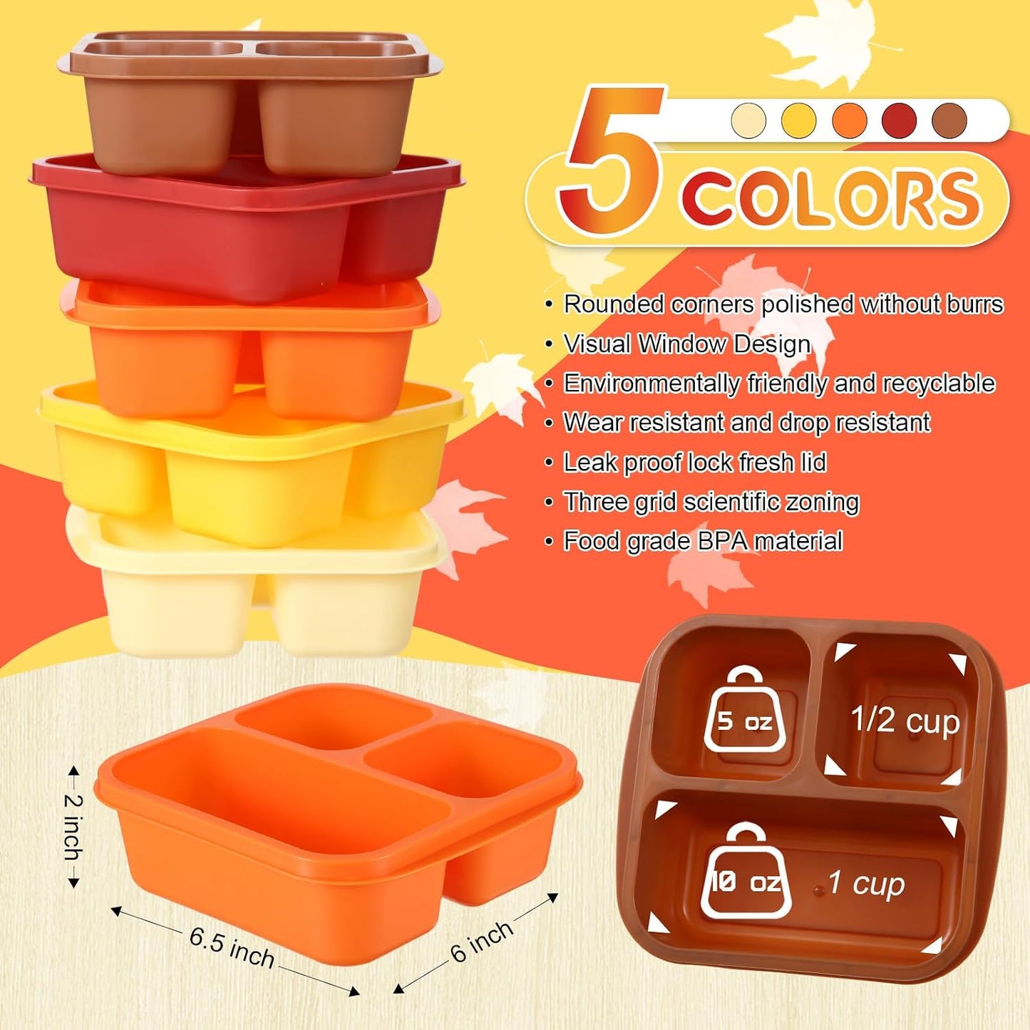 Honeydak 5 Pack Snack Containers 3 Compartment Bento Snack Boxes Divided Meal Prep Containers with Lids Reusable Adults Lunch Food Storage Box for School Work Travel(Elderberry)
