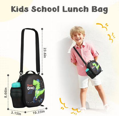 Reusable Insulated Lunch Bag for Kids Teens & Adults with Adjustable Shoulder Strap - Large Durable Lunch Bag Tote for School Travel Picnic Work - Leakproof Design Lunch Carrier (Black -3D Dinosaur)