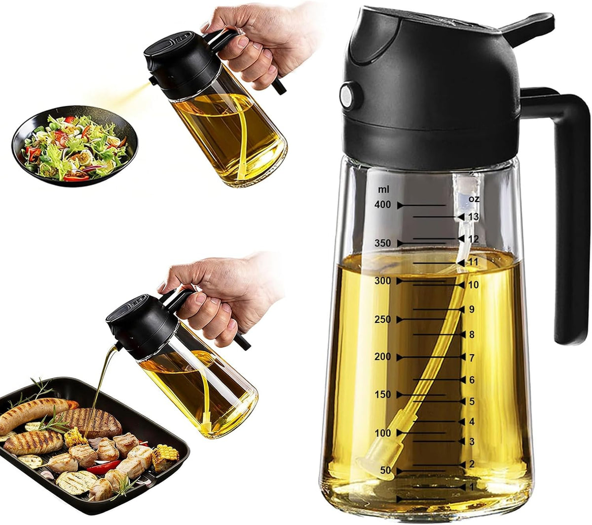 X&E 16oz/470ml Glass Olive Oil Sprayer for Cooking, 2 in 1 Olive Oil Dispenser Bottle, Food Grade Oil Mister for Kitchen Gadgets, Air Fryer Accessories, Salad & BBQ – Black