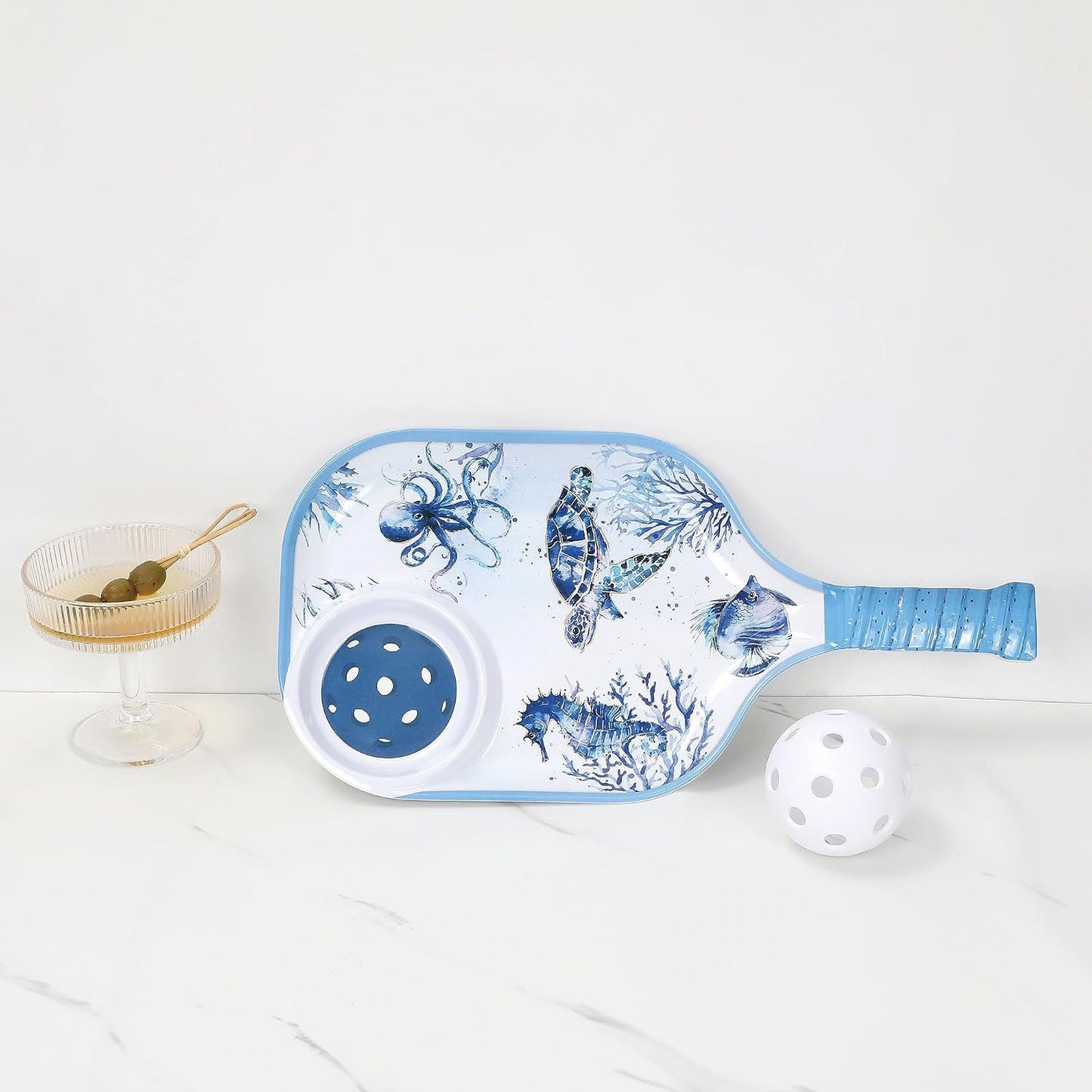 UPware Flamingo Melamine Chip and Dip Snack Tray, Tropical Floral Pickleball Paddle Shape Platter for Chips, Salsa, Fruits, and Appetizers, 15.75 x 8 Inch
