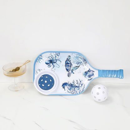 UPware Flamingo Melamine Chip and Dip Snack Tray, Tropical Floral Pickleball Paddle Shape Platter for Chips, Salsa, Fruits, and Appetizers, 15.75 x 8 Inch