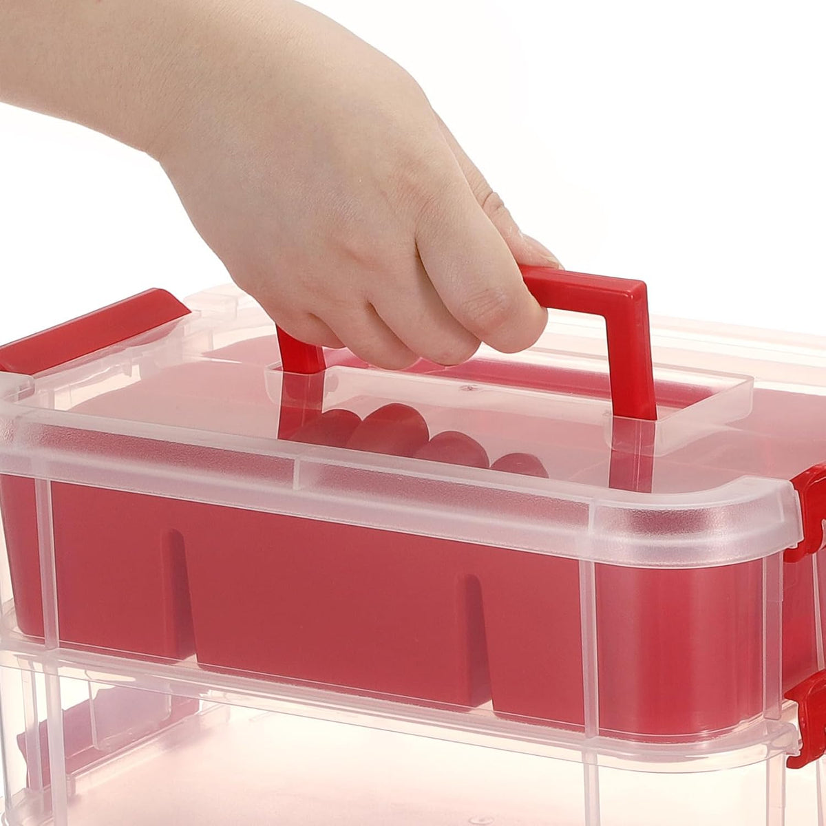 JUXYES 4-Tiers Plastic Stack Carry Storage Containers Box wih Handle Lids | Clear Stackable Latching Storage Bin With 2 Tray for School Office, Organizing Sewing, Art Craft, DIY Supplies, Blue