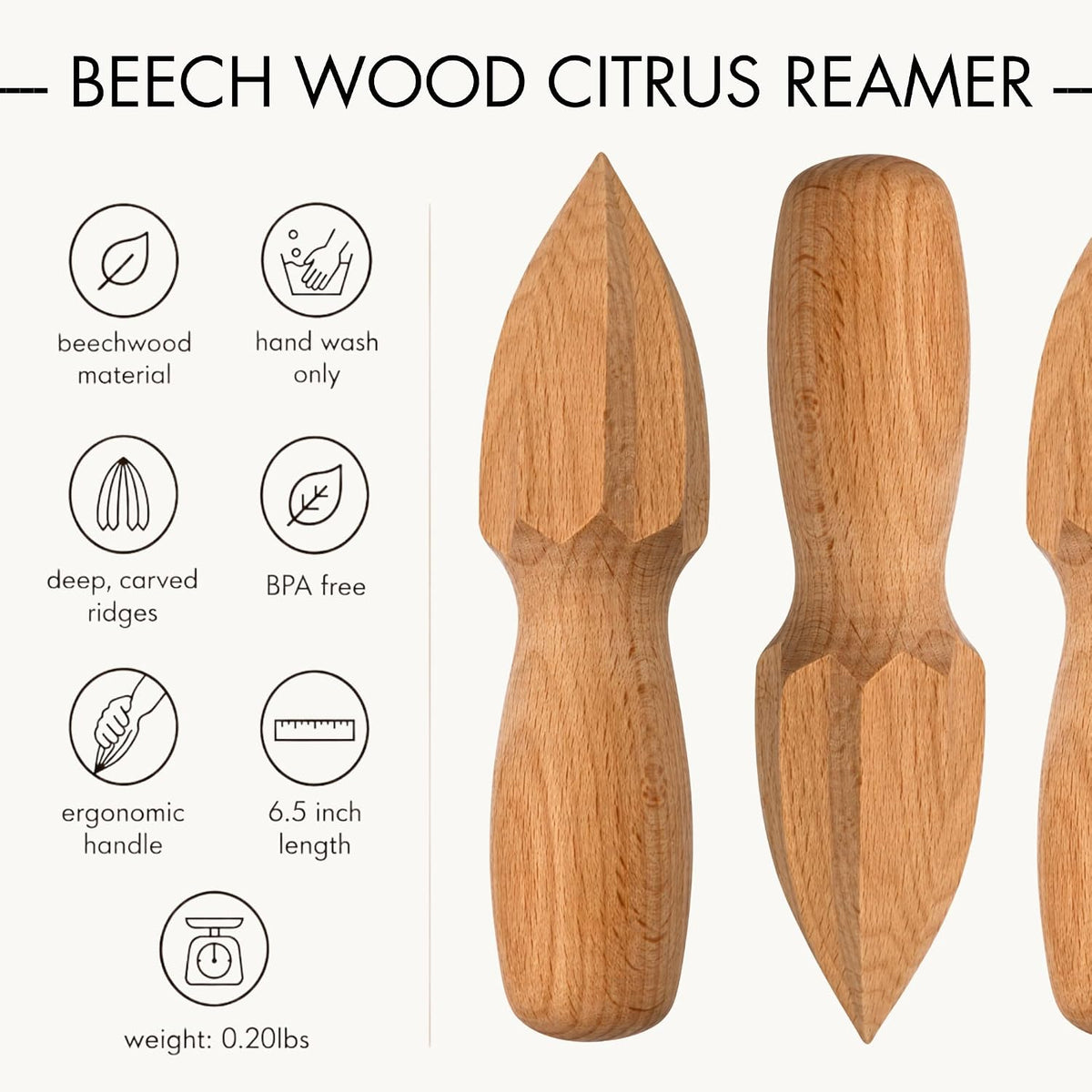 Beille Natural Beechwood Handheld Citrus Reamer, 6.5 Inches