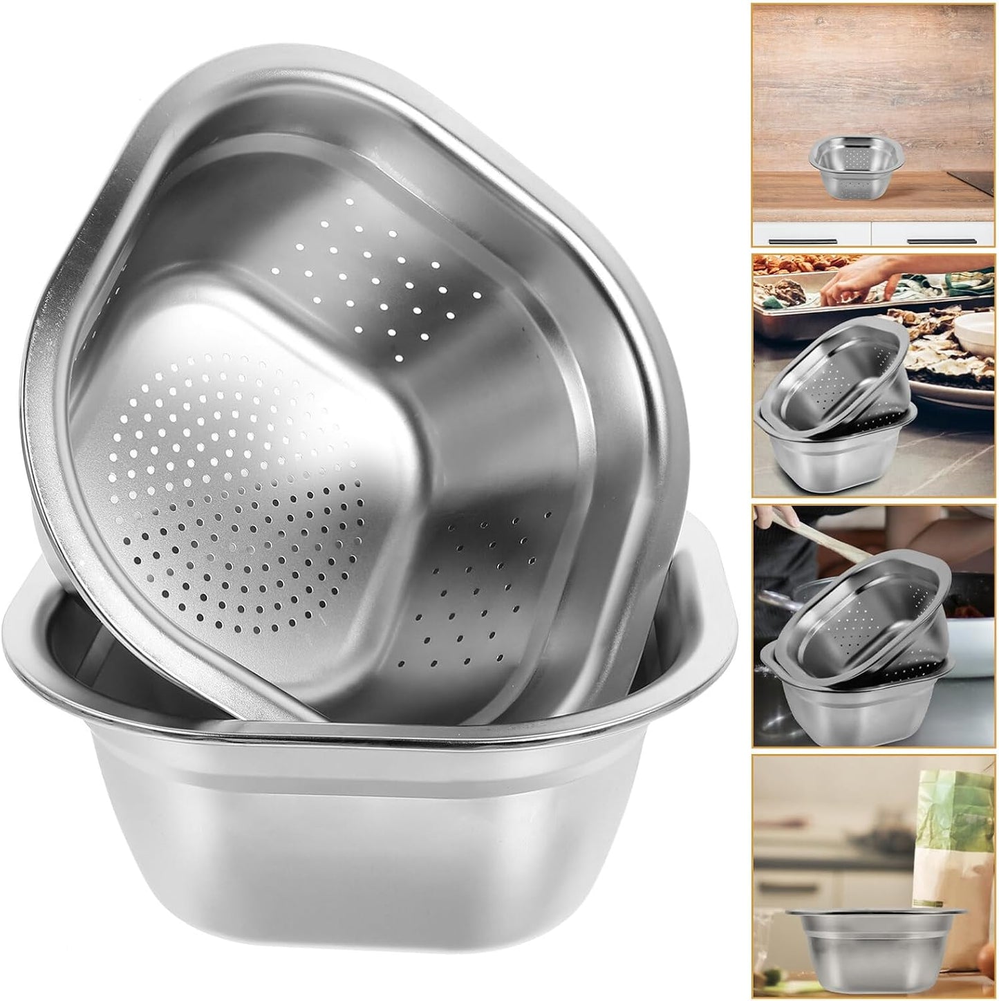 Zerodeko Stainless Steel Colander Bowl Set Square Kitchen Sink Metal Storage Basket Large Capacity Fruit Vegetables Washing Basin Rice Strainer Washer 22cm