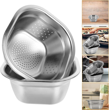 Zerodeko Stainless Steel Colander Bowl Set Square Kitchen Sink Metal Storage Basket Large Capacity Fruit Vegetables Washing Basin Rice Strainer Washer 22cm