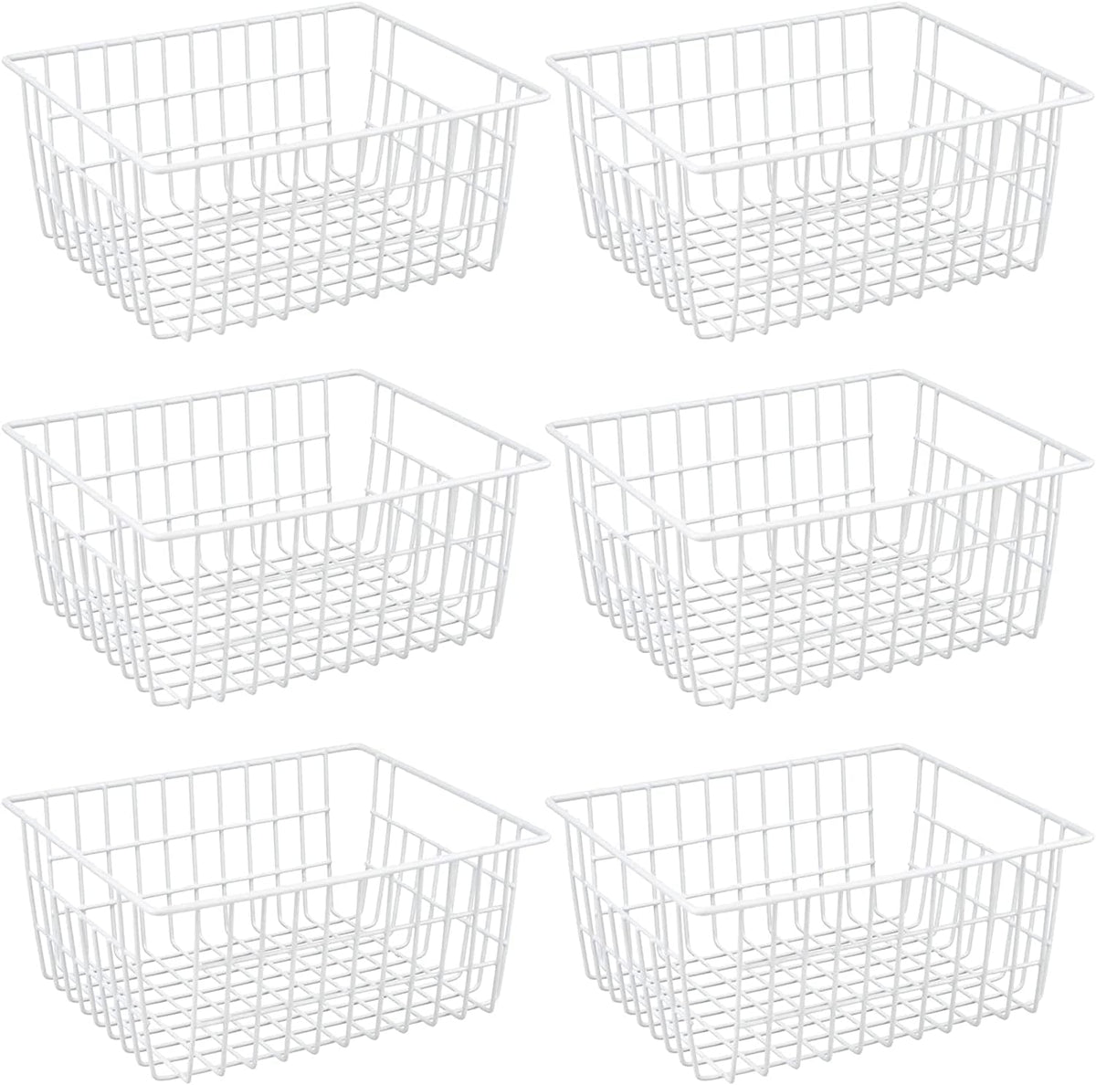 Redrubbit Wire Storage Baskets, Large Farmhouse Metal Freezer Basket Storage Organizer Bins with Handles for Kitchen Cabinets, Pantry, Closets, Bedrooms, Bathrooms, Set of 6, White