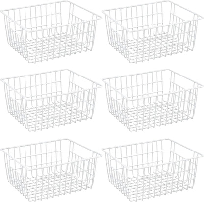 Redrubbit Wire Storage Baskets, Large Farmhouse Metal Freezer Basket Storage Organizer Bins with Handles for Kitchen Cabinets, Pantry, Closets, Bedrooms, Bathrooms, Set of 6, White