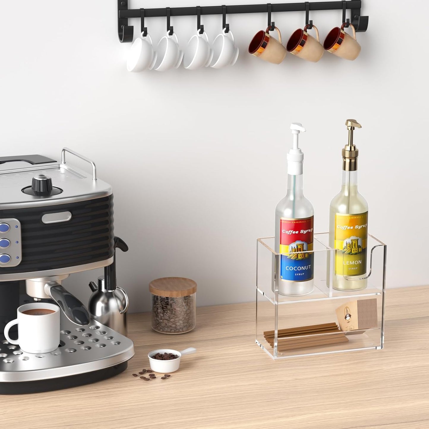 Coffee Condiment and Cup Organizer - 2-Tier Upright Cup and Lid Holder with Straw Organizer 2 Compartments Clear Acrylic Cup Dispenser for Restaurant Breakroom Coffee Station Countertop