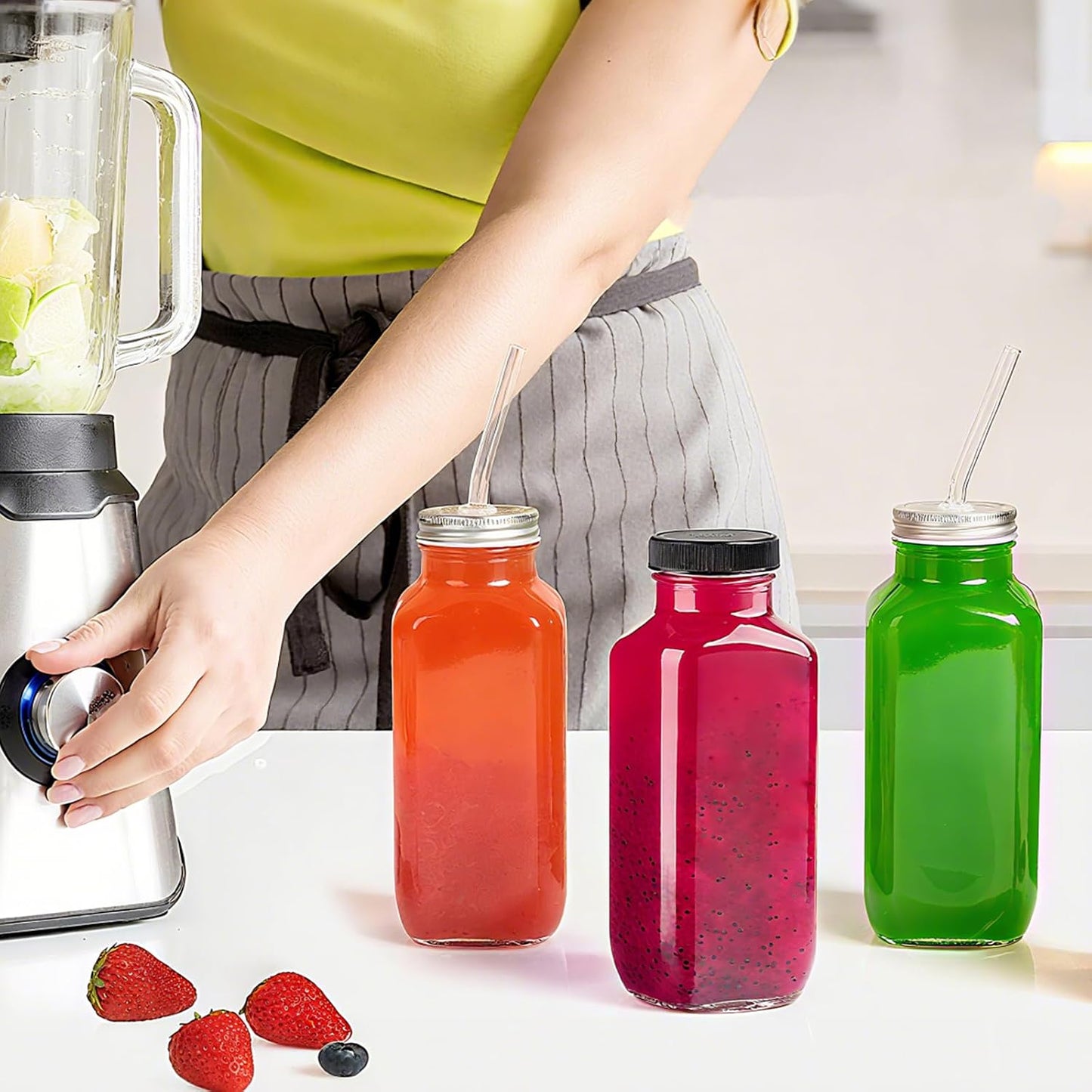 TUZAZO 10 Pack 12 Oz Glass Juice Bottles with Lids, Reusable Travel Drinking Jars Juice Containers, Glass Bottles for Juicing with Brush, Straws, Lids with Hole