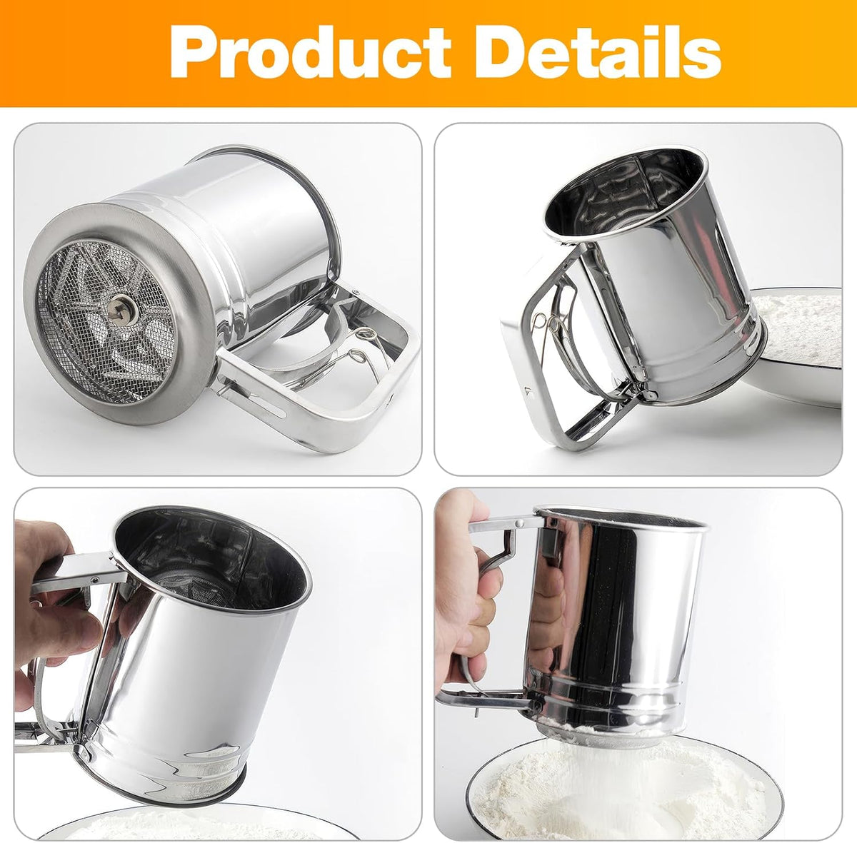 4 in1 Flour Sifter Stainless Steel, 5 Cup Flour Sifter for Baking, Sifter for Baking with Powdered Sugar Duster Set, Flour Shaker Duster for Baking Cakes, Pies, Pastries, Desserts and Cupcakes