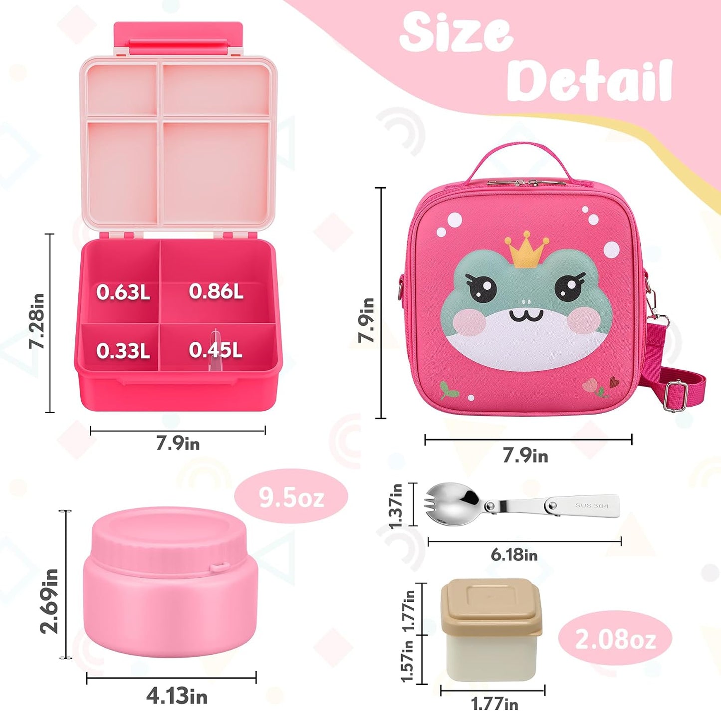 Kids Bento Lunch Box with Thermo, Include 9oz Soup Thermo, Kids Leakproof Lunch Box with 4 Compartment, Insulated Lunch Bag for Girls Boys to School Travel