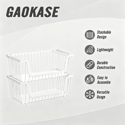 GAOKASE 4 Pcs Stackable Wire Baskets for Pantry Organizers and Storage,Vegetable Fruit Basket for Countertop,Kitchen Storage Metal Baskets,Produce Potato Onion Storage Bin-Black