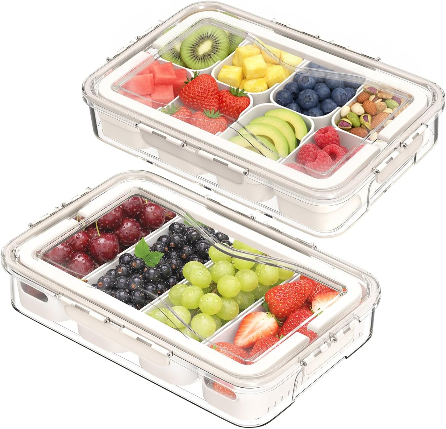2 Pack Box Charcuterie Container with Dividers 12 Compartments,Snackle Boxes Food Storage, Bento Box Adult, Large Portable Divided Snackle Organizer with Lid & Handle, Stackable Food Containers(White)