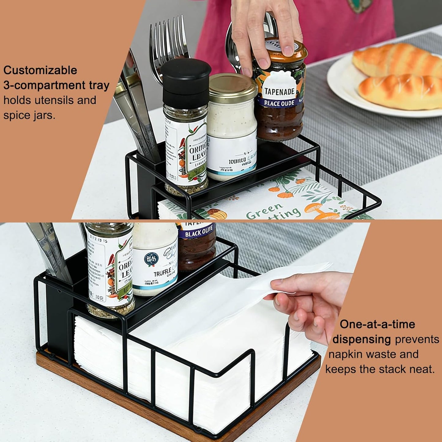 Napkin Holder for Table, Metal Napkin Holder Dispenser with Salt and Pepper Shakers Storage, 3-in-1 Utensil Holder Spice Rack for Kitchen Dining Table Buffet Patio Camping (Black)