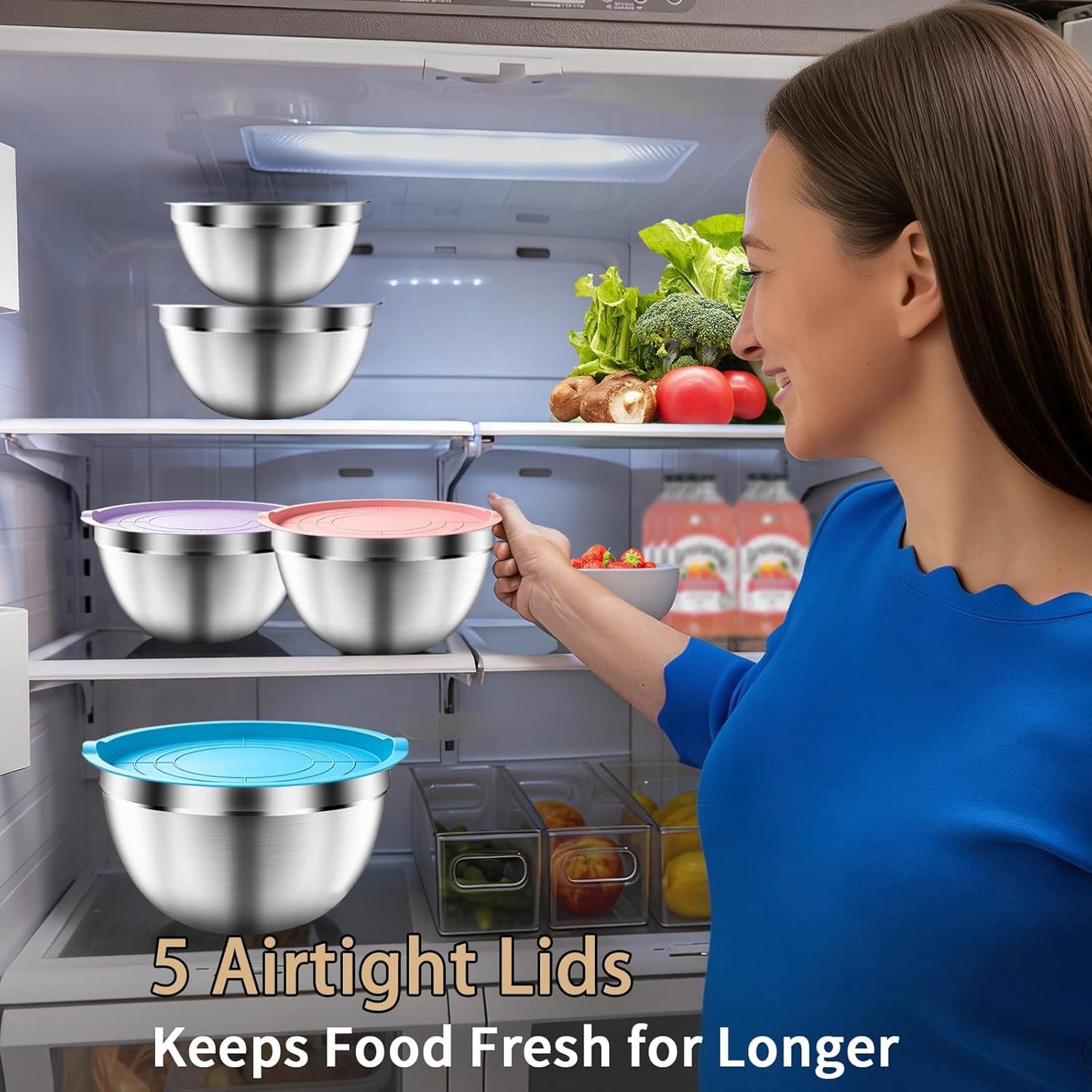 Mixing Bowls with Airtight Lids Set, 5 PCS Stainless Steel Khaki Nesting Bowls for Kitchen, Large Prep Metal Mixing Bowls for Kitchen, 5.5/4/3.5/2/1.5 QT for Mixing & Serving