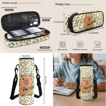 Cute Capybara Pizza Backpack for Girls, 5 Pcs Boys School Bag Set for Kids, 17 Inch Backpacks Lunch Pencil Box Reusable Utensils Case Set for Middle Elementary School, 3rd Grade Backpack