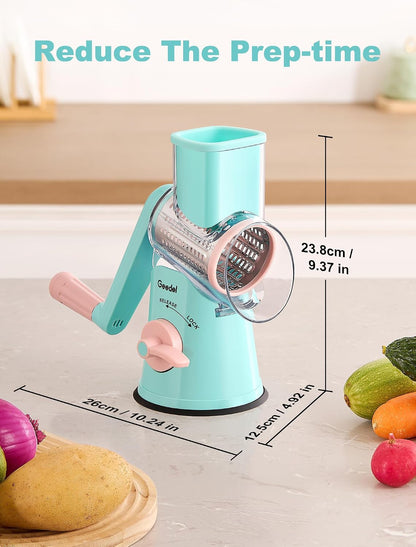 Geedel Rotary Cheese Grater, Kitchen Mandoline Vegetable Slicer with 3 Interchangeable Blades, Easy to Clean Rotary Grater Slicer for Cheese, Vegetables, Nuts