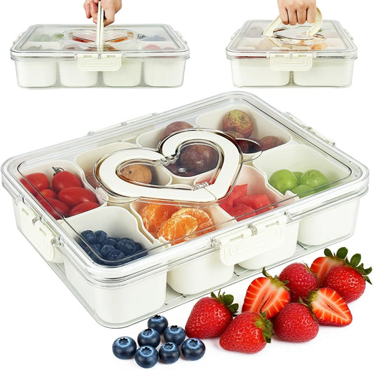 Snackle Box Container Portable - Large 8-Compartment Divided Serving Tray with Lid and Handle, Grab and Go Snack Containers Reusable for Travel and Outdoor Camping, Leak-Proof, BPA-Free