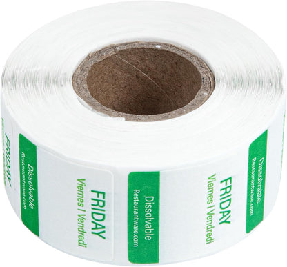 Restaurantware RW Smart 1 Inch x 1 Inch Food Rotation Labels 500 Dissolvable Food Safety Labels - Premium Trilingual Green Paper Day Of The Week Labels For Food Storage Or Prep Friday