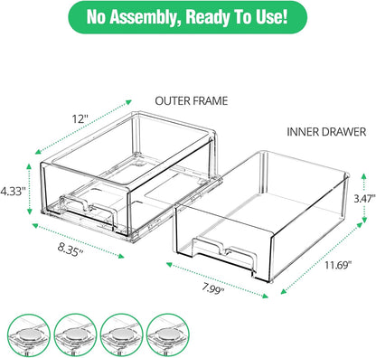 damynuo 2 Pack Refrigerator Drawers - Fridge Organizer Bins Stackable Storage Drawers, Clear Refrigerator Organizing Containers Pull Out Drawer for Fruit, Vegetable Storage and Keep Fresh