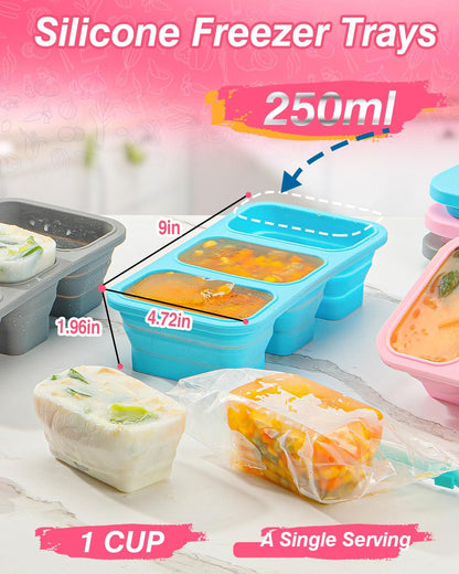 Silicone Freezer Trays With Lid, Stackable 1 Cup Silicone Freezer Molds, Easy To Use Soup Ice Cube Tray, Collapsible Freezing Molds for Meal Prep, Broth, Sauce, Leftovers, Soup Storage Gift Set