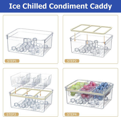Sorgion Ice Chilled Condiment Caddy with Portable Handle, 5 Compartment Serving Tray with Built-in Bread Slicer and Ice Chamber, Clear Garnish Tray for Bar, Taco Party, BBQ, Picnic & Fruit Pink