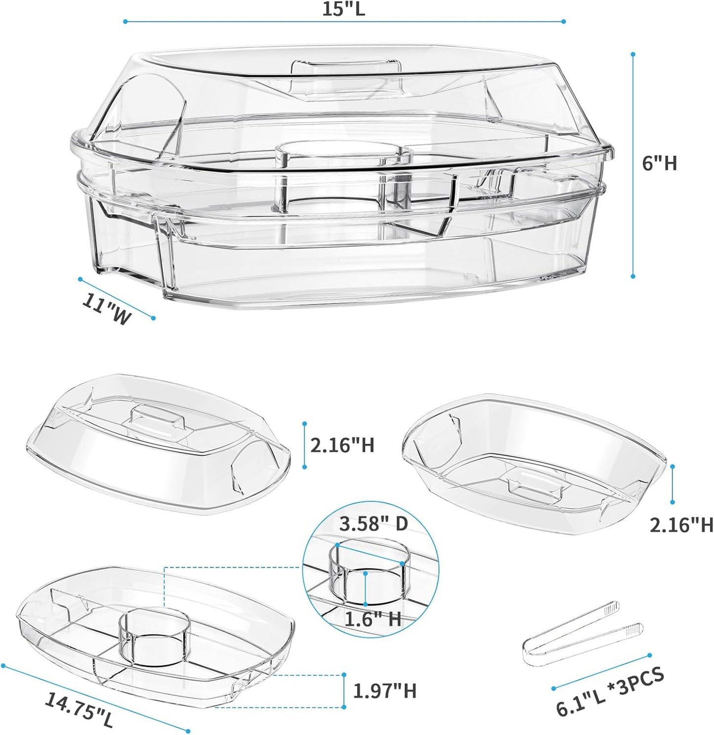 Ice Chilled Party Platter - 15'' Divided Serving Tray with Lid and 4 Compartments, Clear Fruit Trays for Serving for Party, Ideal Cold Chilled Serving Trays for Parties, Shrimp Cocktail, Etc