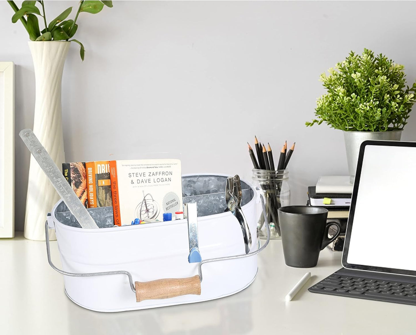 Light & Pro Multipurpose Galvanized Rustic Farmhouse Caddy - Metal 4 Compartment Storage Bin Caddy With Wooden Handle Perfect For Kitchen Utensils, Picnic, Garden Planter - Hammered - Antique Grey