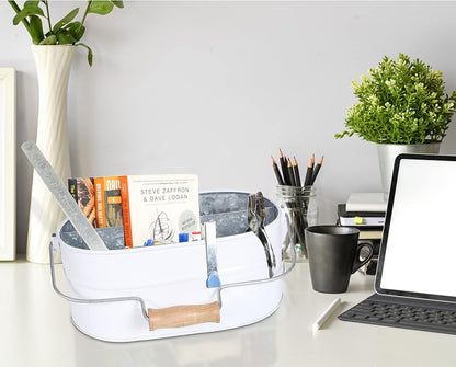 Light & Pro Multipurpose Galvanized Rustic Farmhouse Caddy - Metal 4 Compartment Storage Bin Caddy With Wooden Handle Perfect For Kitchen Utensils, Picnic, Garden Planter - Hammered - Antique Grey