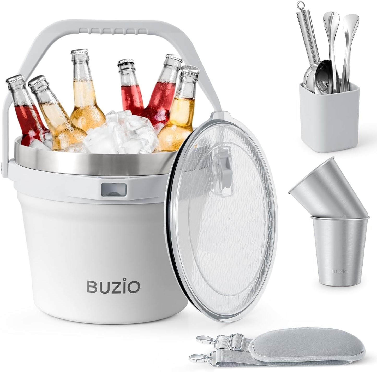 BUZIO 7.4 Qt/7 L Insulated Ice Bucket with Lid, Scoop, Tongs & Metal Cups, Double Wall Vacuum Stainless Steel Beer Bucket, Holds 6 Longnecks/3 Wine Bottles, for Parties Bar, Black