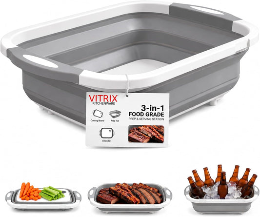 Collapsible 3-in-1 BBQ Prep Tub Cutting Board Colander & Food Prep Tub