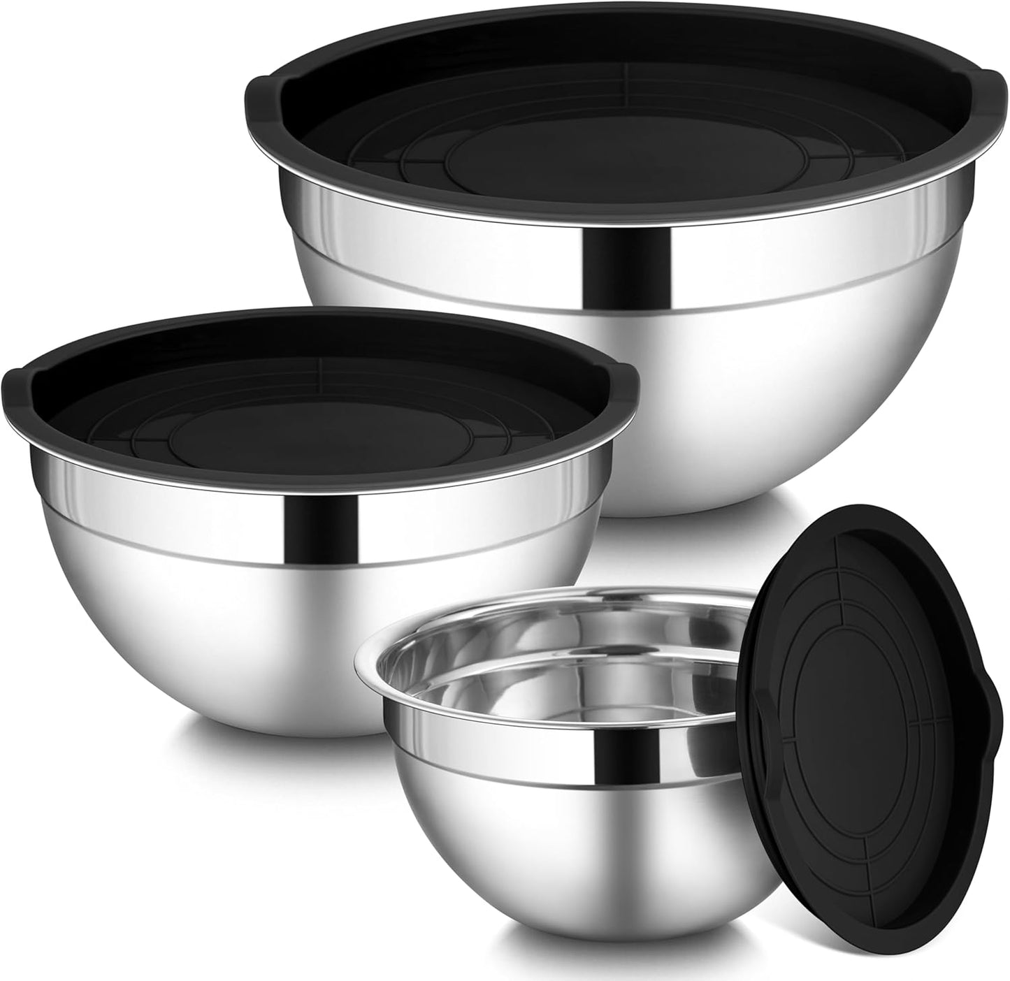 LIANYU Mixing Bowls with Airtight Lids Sets, 3 Packs Stainless Steel Metal Mixing Bowls, Ideal for Prepping, Cooking, Storage, Serving, Freezer & Dishwasher Safe, Khaki