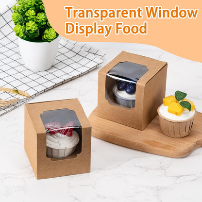 BOOMIBOO 50 Pack Individual Cupcake Containers, Cupcake Boxes with Window, Food Grade Cupcake Holders with Inserts, Stackable Deep Cupcake Carrier (White)