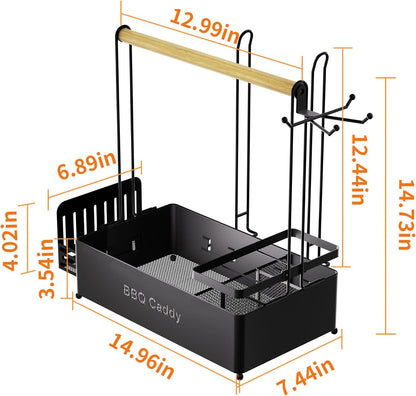 Picnic Caddy BBQ Utensil Caddy for Outdoor Grill Camping for Plate Cutlery CompartmentStorage with 3 Hooks Kitchenn Barbecue Accessories RV Patio Tailgate EssentialsEasy Carry Grilling Gifts for Men