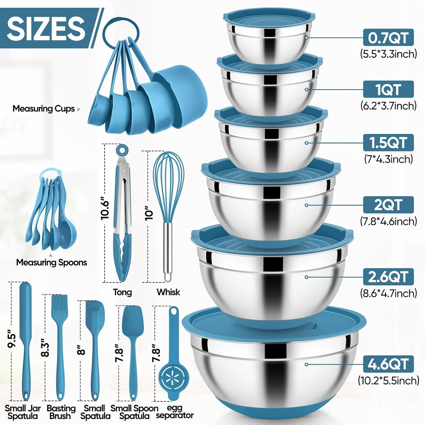 E-far 25PCS Mixing Bowls with Lid Set, Stainless Steel Nesting Prep Bowls with Grater Attachments Non-Slip Bottoms for Cooking, Serving, Food Storage, 4.6/2.6/2/1.5/1/0.7QT - Khaki