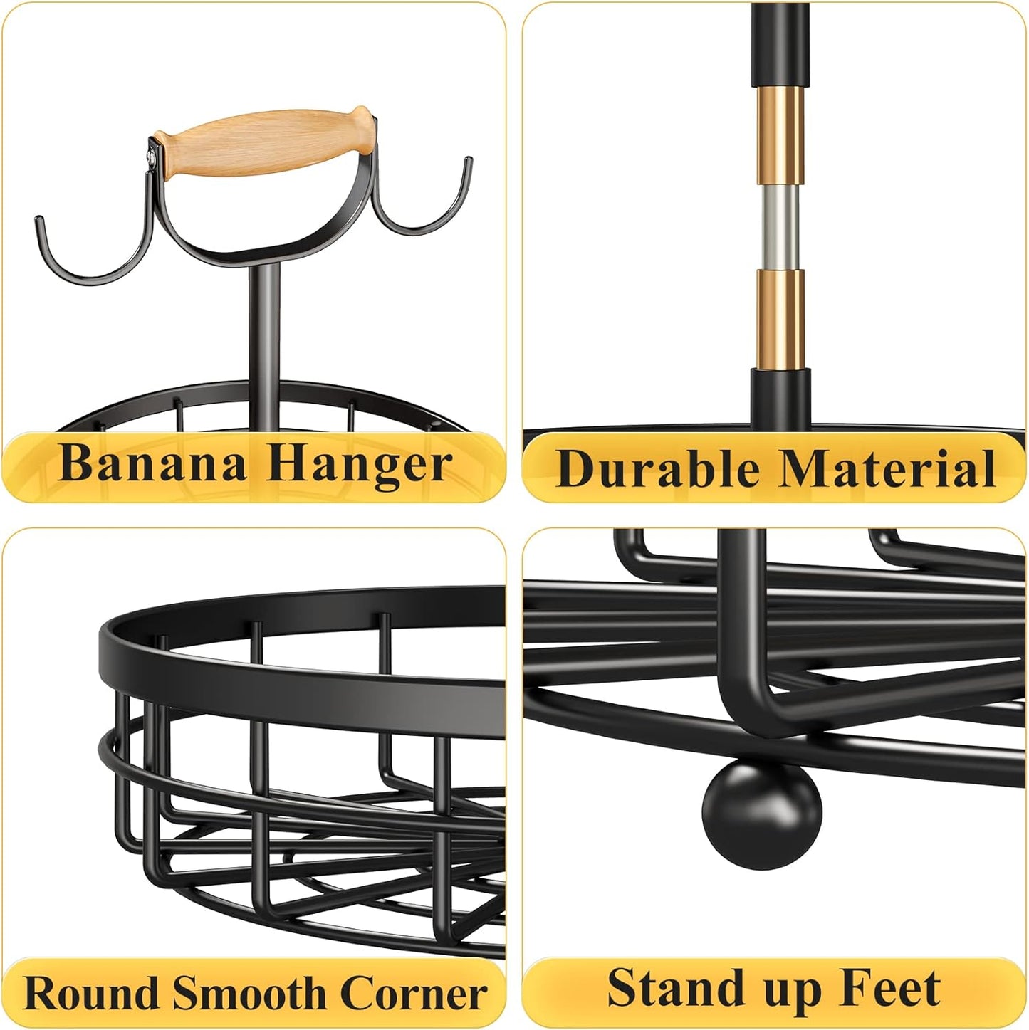 SAYZH 2-Tier Fruit Basket Bowl Vegetable Storage with 2 Banana Tree Hanger and Wood Lift Handle, Kitchen Countertop Metal Wire Basket for Bread Onions Potatoes (Black, 2 Tier)