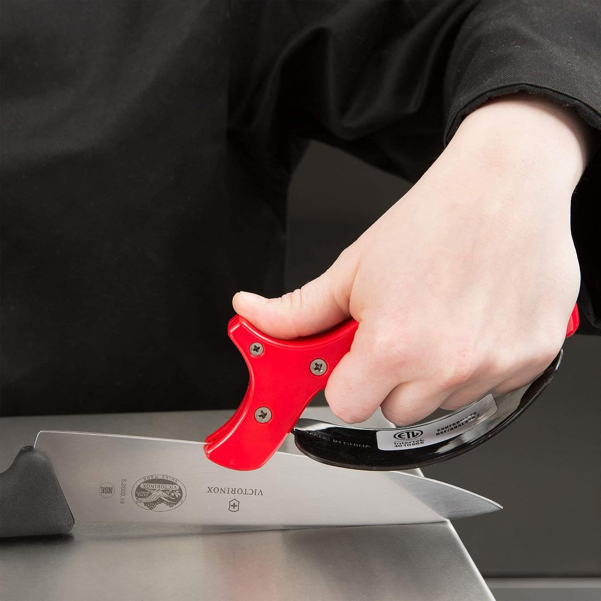 Hand-Held Kitchen Knife Sharpener for Chef Knives – Professional Grade Tool with Reversible Carbide Blades, Stainless Steel & Safety Finger Guard - Knife Sharpening Use by Chef Master 90015
