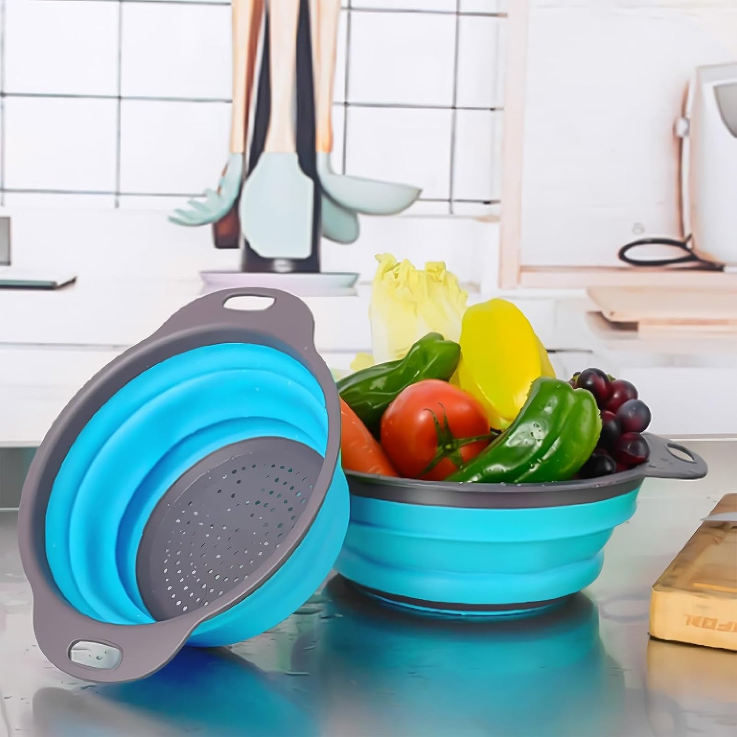 Collapsible Colander Set of 3, Space-Saving Silicone Strainers with Handles, Heat Resistant Food Draining Baskets for Vegetables, Fruits, Pasta, Kitchen, RV & Camping Use (Blue)